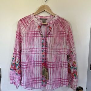 NWT Sharon Young Pink Plaid Embroidered Peasant Boho Top- Small